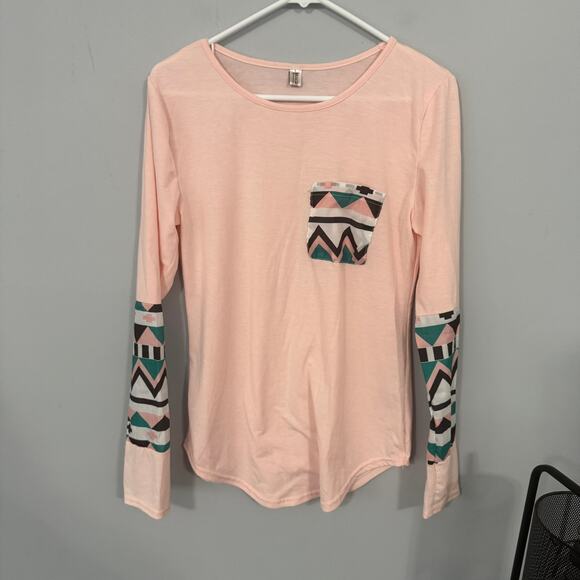 WANGMEICHENG Long Sleeve Tee Shirt w/ Aztec Print Pocket & Panels Size Large - Picture 1 of 7